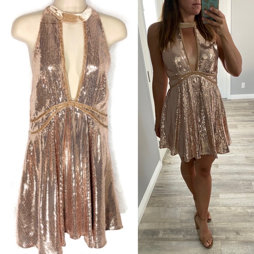 FREE PEOPLE Rose Gold Film Noir Sequin Minidress Sz 6